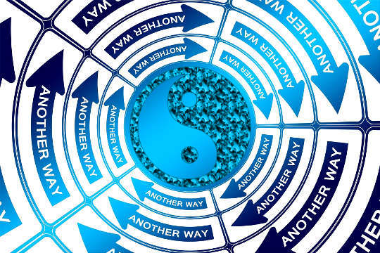 simbol Yin-Yang di tengah bulatan yang dipenuhi dengan anak panah bulat dengan perkataan "Cara Lain" dalam setiap anak panah
