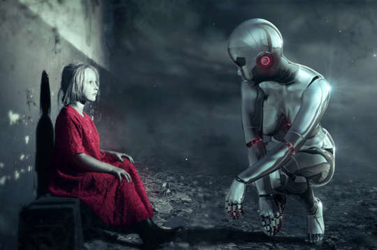 a young woman dressed in red sitting on a bench facing a supersized android