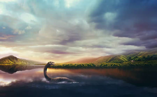 Konsep seniman tentang monster Loch Ness saat matahari terbenam.