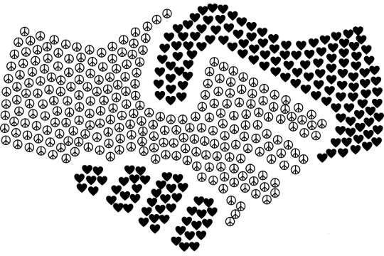 een tekening van twee samengevoegde handen - een bestaande uit vredessymbolen, de andere uit harten