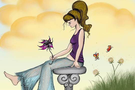 dışarıda oturan ve elinde çiçek tutan genç bir kadının illüstrasyonu