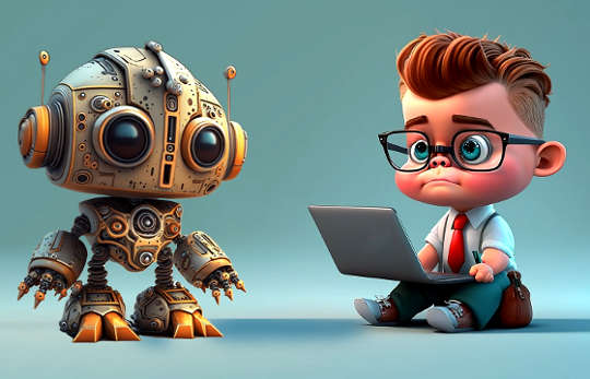 eine Zeichnung eines jungen Mannes an einem Laptop, vor dem ein Roboter sitzt