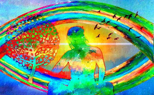 una acuarela de una mujer sentada en meditación en medio de un ojo de color arcoiris