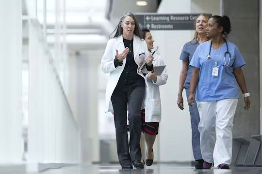 profissionais médicos em um corredor