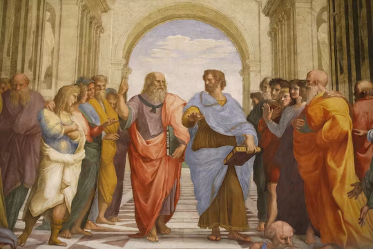 16世紀のフレスコ画でプラトンと対話するアリストテレス