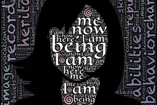 outline of a woman's face with words written out such as: I am, being, here, etc.