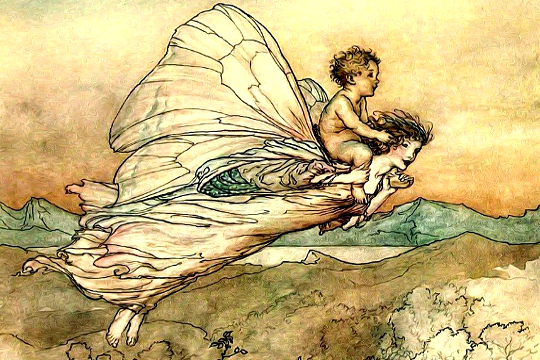 teckning av en kvinna och ett barn som flyger genom himlen