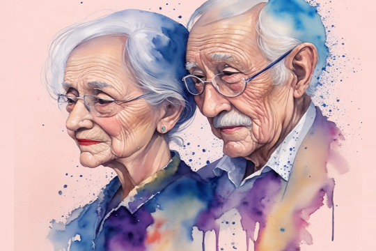 顔にしわのある年配の夫婦の絵