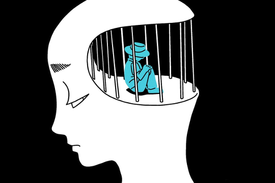 사람을 포로로 잡고 있는 감옥 철창이 있는 머리의 윤곽