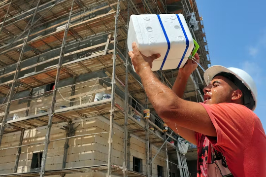 un trabajador afuera en el calor echándose agua en la cara