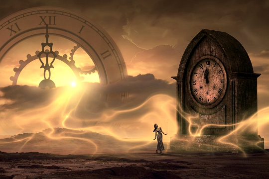 a mystical setting with a woman and an old clock