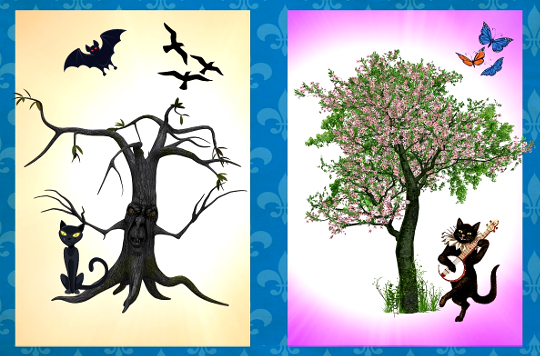 kaksi kuvaa - toisessa on kuollut puu ja toisessa kukoistava puu, jossa on perhosia