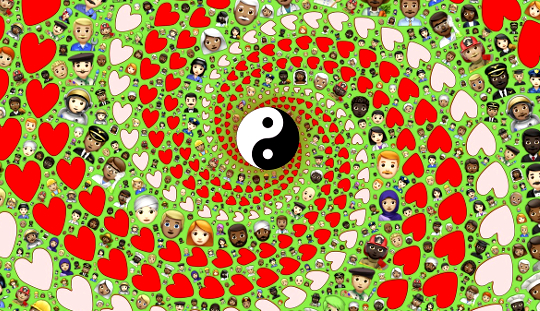 yin yang symbol i en spiral av kjærlighetssymboler og mennesker