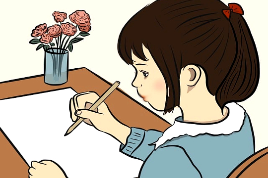 fiatal lány kezében egy ceruzával, egy üres papírdarab előtt ülve