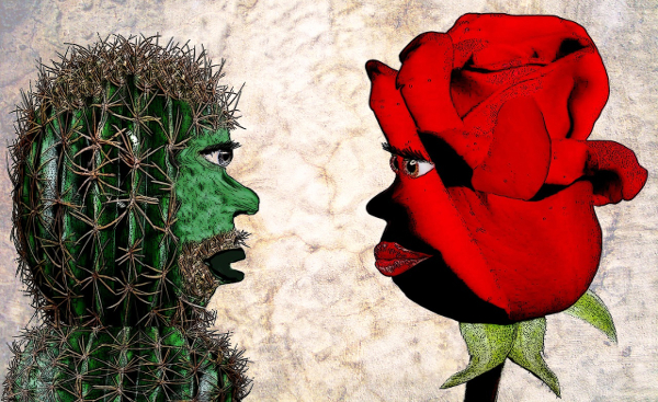 stylized faces: one is a cactus, the other a rose