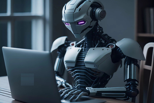 robot duduk di depan laptop dengan tangan di atas tombol