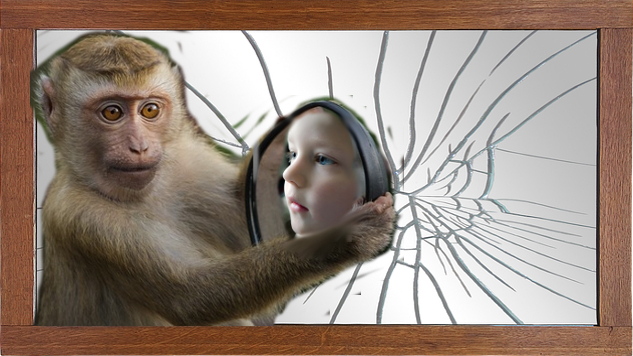 обезьяна держит зеркало, в котором отражается ребенок