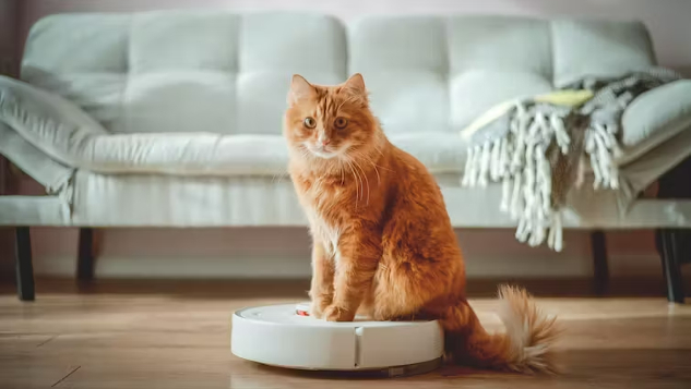 Roomba'nın üzerinde oturan kedi