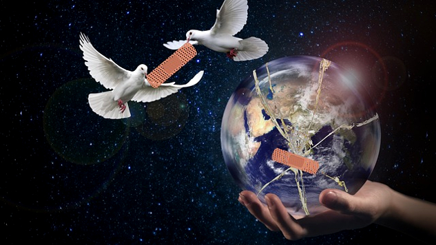 امن کے پرندے (کبوتر) تباہ شدہ اور پھٹے ہوئے سیارے کی زمین پر بینڈ ایڈ لگا رہے ہیں۔