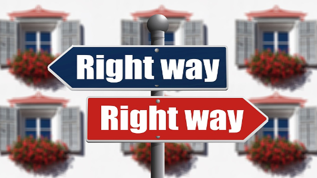 kaksi kylttiä, jotka osoittavat vastakkaisiin suuntiin, molemmat sanovat "Oikea tie"