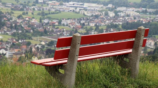 an empty bench overlooking a peaceful nature scene