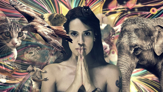 una giovane donna circondata da uccelli e da un elefante
