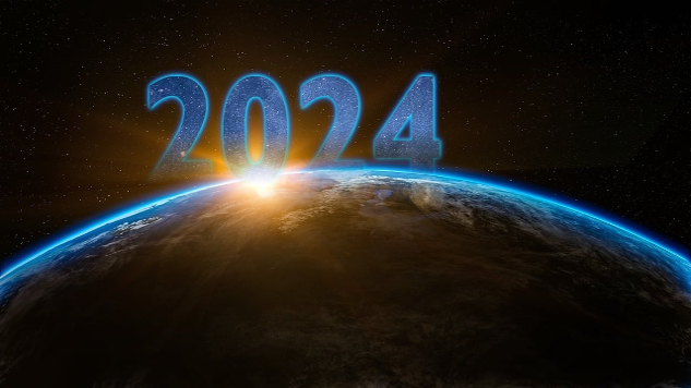 ang bilang na 2024 na sumisikat kasama ng araw sa ibabaw ng kurbada ng Planet Earth