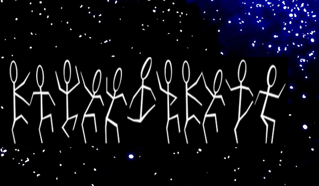 pálcikafigurák táncolnak a csillagos ég előtt