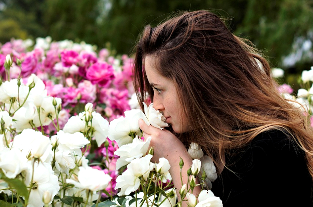una mujer que huele un arbusto de rosas