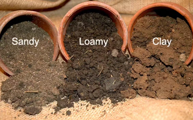 Drie omgevallen potten morsen verschillende soorten grond: zand is zwaardere korrel, klei is fijnere korrel en dikker, en leem is donkerder.