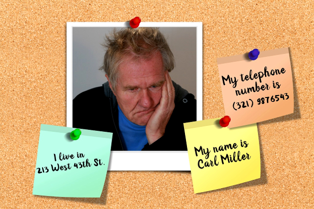 an old man with post-it notes giving his name, address, and telephone number