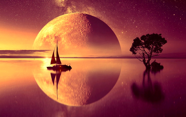 a full moon reflecting on the calm waters