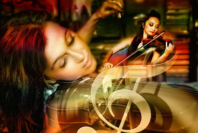 a woman playing violin with a superimposed etheric version of her