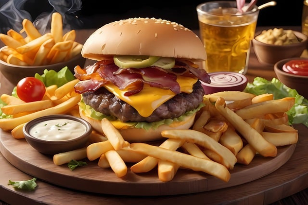 picture of a double cheeseburger, french fries, creamy dip, and more