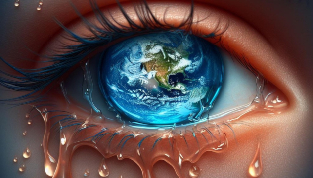 Una imagen de un ojo, llorando, con el planeta Tierra como iris.