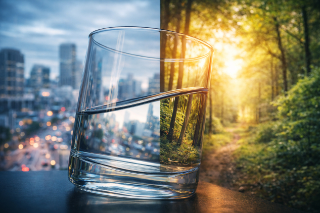 Tilted glass refracting dual realities, shifting perspective and meaning