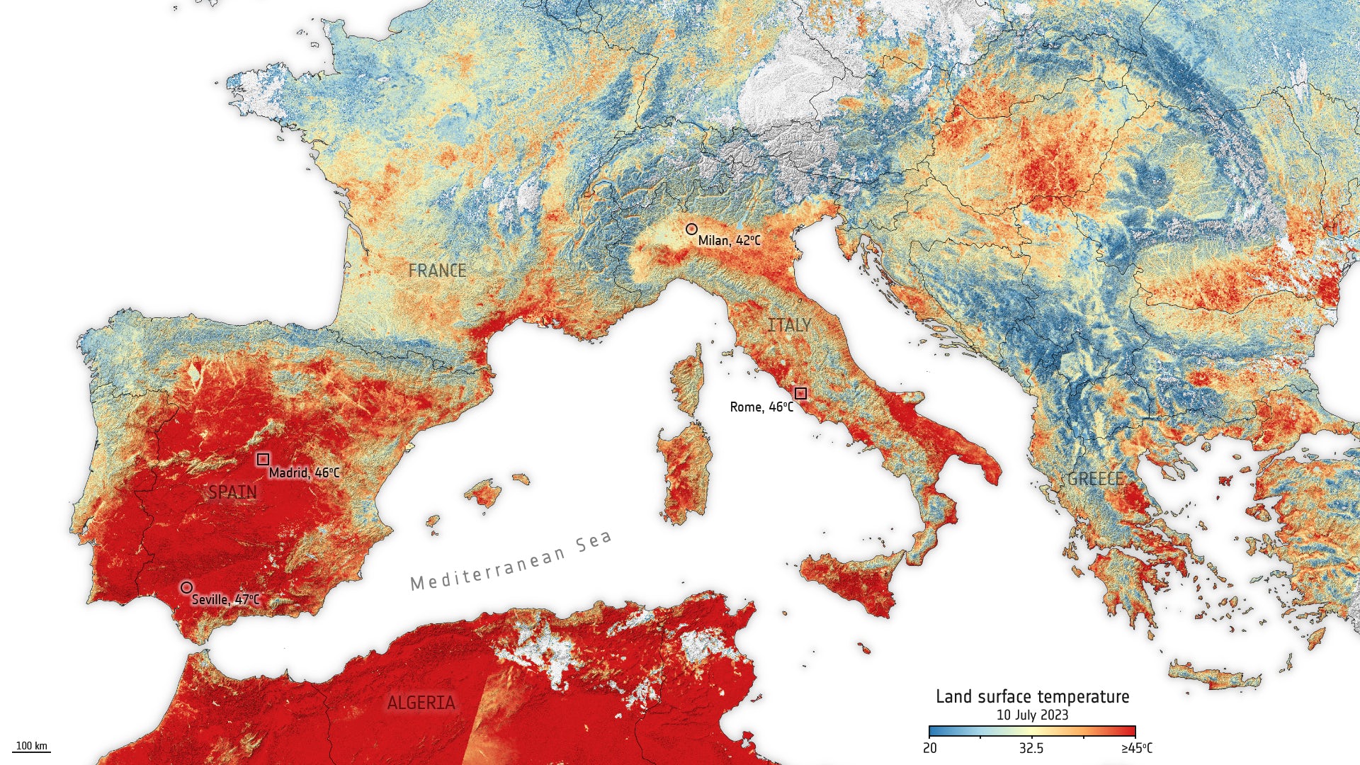 Kartta, joka näyttää paahtavan lämpötilan kaikkialla Euroopassa.