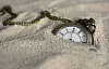 un reloj de bolsillo semienterrado en la arena
