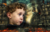 un bambino che piange di fronte alla guerra, alla distruzione e al caos