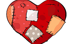 a drawing of a heart with patches and scars