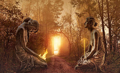 to figurer over for hinanden i et skovområde foran en lysportal