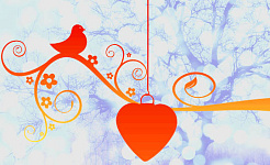 uccellino seduto su un ramo con un grande cuore rosso anche sul ramo