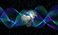 grafika przedstawiająca planetę Ziemię oraz fale i cząstki fizyki kwantowej