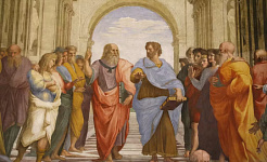 Aristote dans un discours avec Platon dans une fresque du XVIe siècle