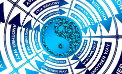 et Yin-Yang symbol i midten af ​​en cirkel fyldt med cirkulære pile med ordene "En anden vej" i hver pil