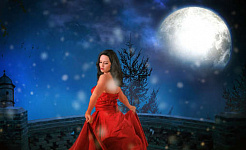 在滿月的光下穿著紅色連衣裙的女人