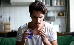 seorang pria muda meminum pil antidepresan
