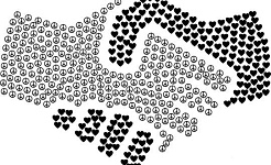 rysunek dwóch złączonych dłoni - jedna składająca się z symboli pokoju, druga z serc