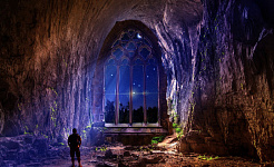 ένας άντρας σε μια σπηλιά με μια τεράστια αψίδα που ανοίγει στη νύχτα και στον ουρανό