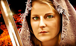 یک زن جنگجو که شمشیری درخشان در دست دارد